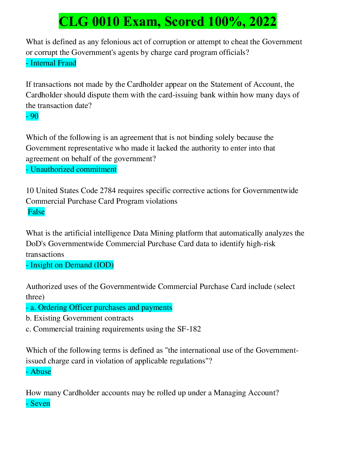 Preview image of CLG 0010 Exam, Scored 100%, 2022 document